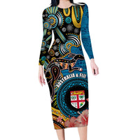 Fiji and Australia Kangaroos Long Sleeve Bodycon Dress Indigenous Aboriginal and Fijian Masi Tribal Tattoo LT03 Long Dress Blue - Polynesian Pride