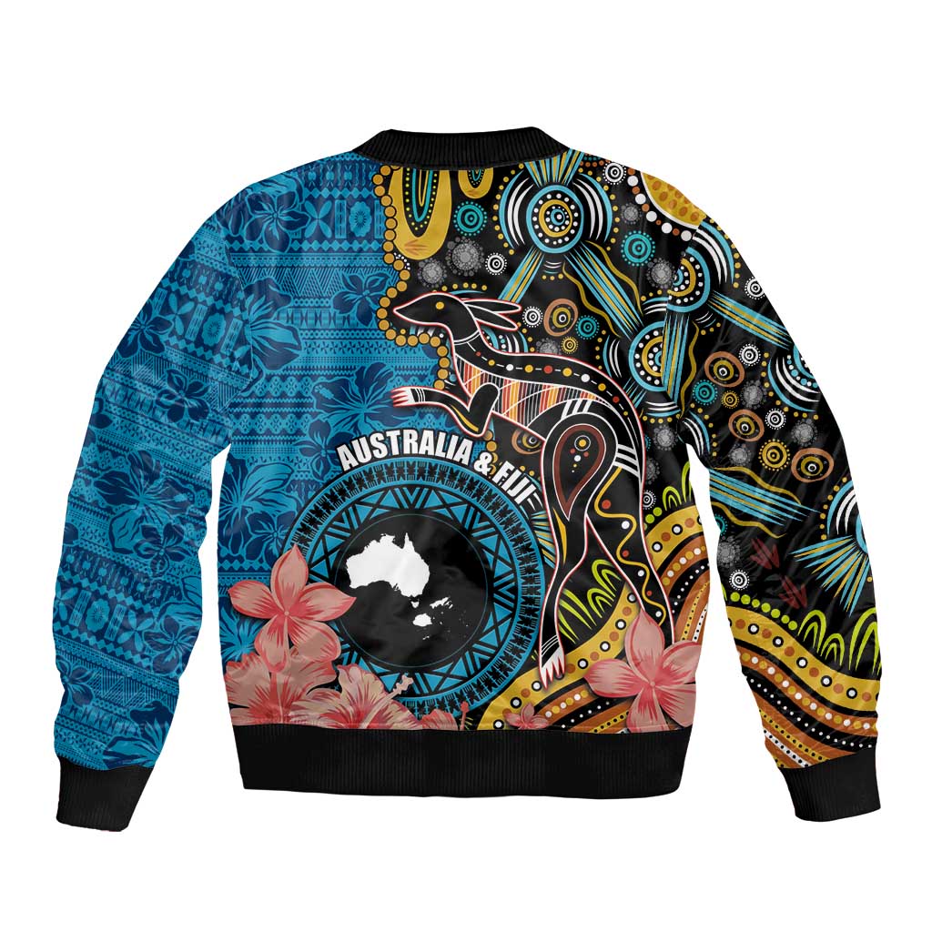 Fiji and Australia Kangaroos Sleeve Zip Bomber Jacket Indigenous Aboriginal and Fijian Masi Tribal Tattoo