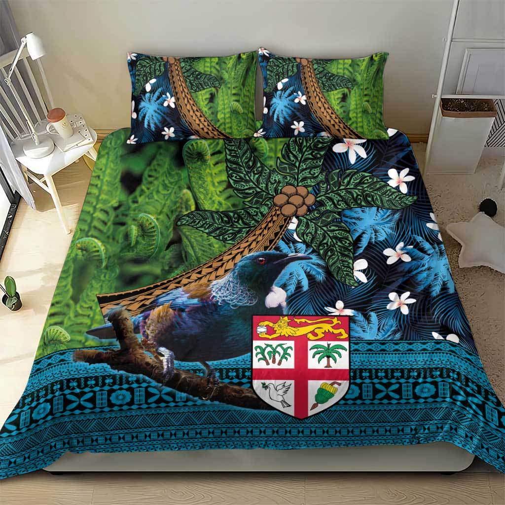 Fiji and New Zealand Tui Bird Bedding Set Koru Fern Leafs and Palm Tree With Plumeria