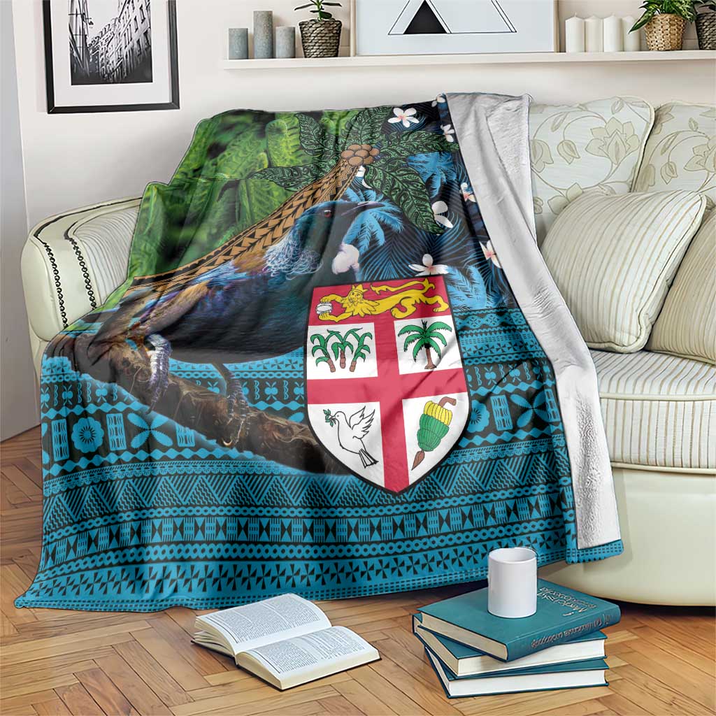 Fiji and New Zealand Tui Bird Blanket Koru Fern Leafs and Palm Tree With Plumeria