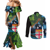 Fiji and New Zealand Tui Bird Couples Matching Mermaid Dress and Long Sleeve Button Shirt Koru Fern Leafs and Palm Tree With Plumeria LT03 - Polynesian Pride