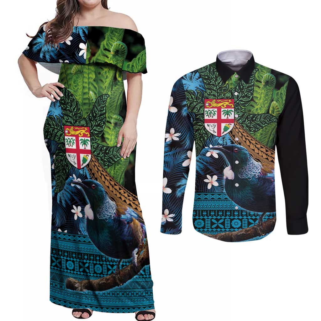 Fiji and New Zealand Tui Bird Couples Matching Off Shoulder Maxi Dress and Long Sleeve Button Shirt Koru Fern Leafs and Palm Tree With Plumeria LT03 Blue - Polynesian Pride