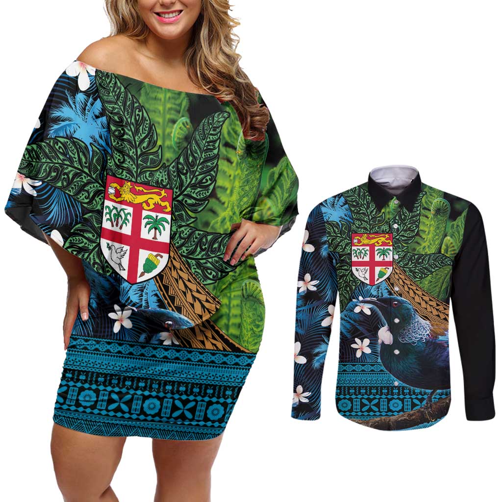 Fiji and New Zealand Tui Bird Couples Matching Off Shoulder Short Dress and Long Sleeve Button Shirt Koru Fern Leafs and Palm Tree With Plumeria LT03 Blue - Polynesian Pride