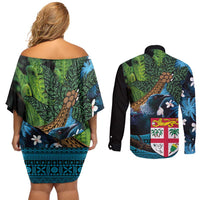 Fiji and New Zealand Tui Bird Couples Matching Off Shoulder Short Dress and Long Sleeve Button Shirt Koru Fern Leafs and Palm Tree With Plumeria LT03 - Polynesian Pride