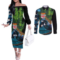 Fiji and New Zealand Tui Bird Couples Matching Off The Shoulder Long Sleeve Dress and Long Sleeve Button Shirt Koru Fern Leafs and Palm Tree With Plumeria LT03 Blue - Polynesian Pride
