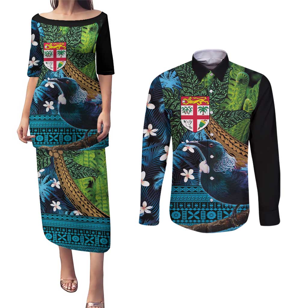 Fiji and New Zealand Tui Bird Couples Matching Puletasi and Long Sleeve Button Shirt Koru Fern Leafs and Palm Tree With Plumeria LT03 Blue - Polynesian Pride