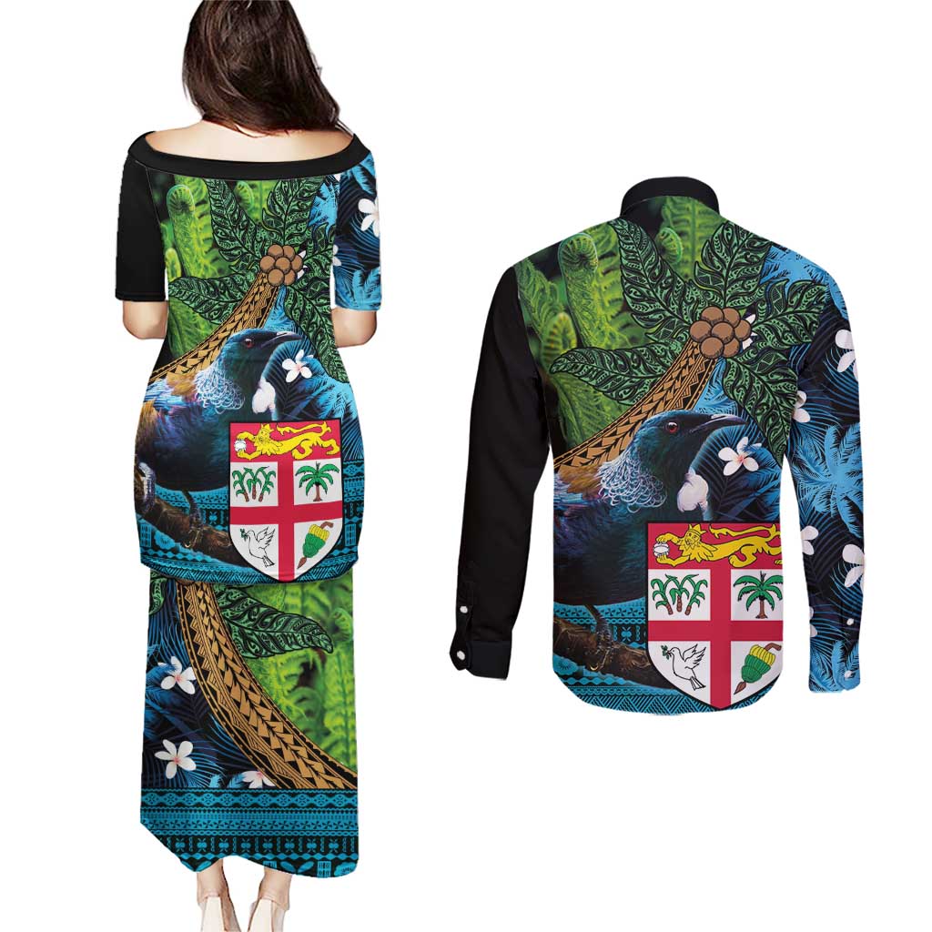 Fiji and New Zealand Tui Bird Couples Matching Puletasi and Long Sleeve Button Shirt Koru Fern Leafs and Palm Tree With Plumeria LT03 - Polynesian Pride