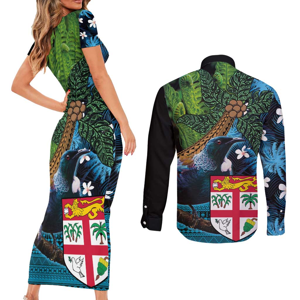 Fiji and New Zealand Tui Bird Couples Matching Short Sleeve Bodycon Dress and Long Sleeve Button Shirt Koru Fern Leafs and Palm Tree With Plumeria LT03 - Polynesian Pride