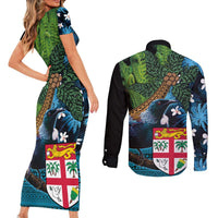 Fiji and New Zealand Tui Bird Couples Matching Short Sleeve Bodycon Dress and Long Sleeve Button Shirt Koru Fern Leafs and Palm Tree With Plumeria LT03 - Polynesian Pride