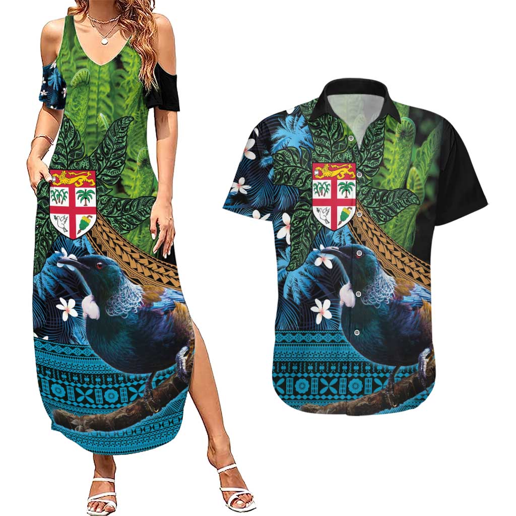 Fiji and New Zealand Tui Bird Couples Matching Summer Maxi Dress and Hawaiian Shirt Koru Fern Leafs and Palm Tree With Plumeria LT03 Blue - Polynesian Pride