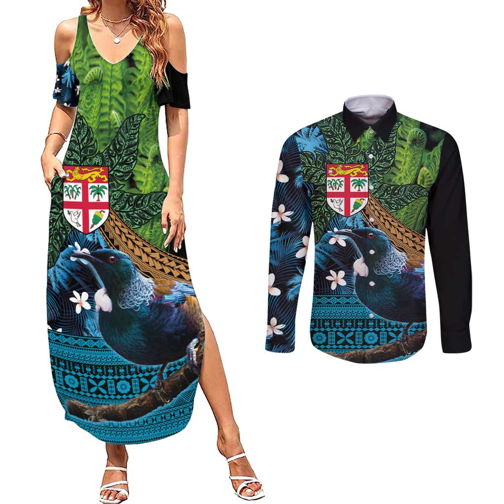 Fiji and New Zealand Tui Bird Couples Matching Summer Maxi Dress and Long Sleeve Button Shirt Koru Fern Leafs and Palm Tree With Plumeria LT03 Blue - Polynesian Pride