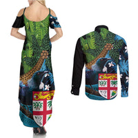 Fiji and New Zealand Tui Bird Couples Matching Summer Maxi Dress and Long Sleeve Button Shirt Koru Fern Leafs and Palm Tree With Plumeria LT03 - Polynesian Pride
