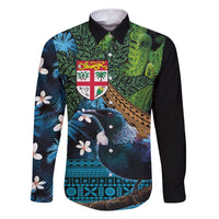 Fiji and New Zealand Tui Bird Family Matching Long Sleeve Bodycon Dress and Hawaiian Shirt Koru Fern Leafs and Palm Tree With Plumeria LT03 Dad's Shirt - Long Sleeve Blue - Polynesian Pride