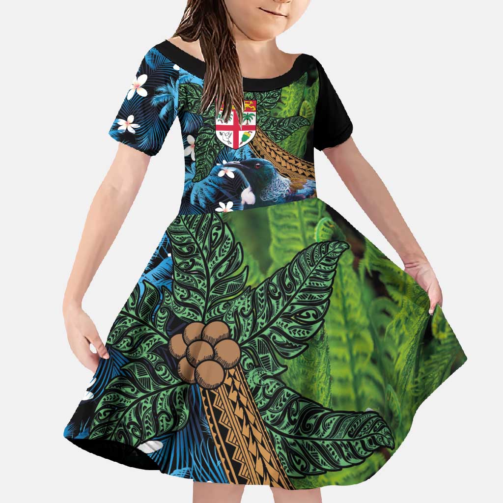 Fiji and New Zealand Tui Bird Family Matching Mermaid Dress and Hawaiian Shirt Koru Fern Leafs and Palm Tree With Plumeria LT03 Daughter's Dress Blue - Polynesian Pride