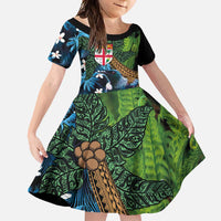 Fiji and New Zealand Tui Bird Family Matching Mermaid Dress and Hawaiian Shirt Koru Fern Leafs and Palm Tree With Plumeria LT03 Daughter's Dress Blue - Polynesian Pride