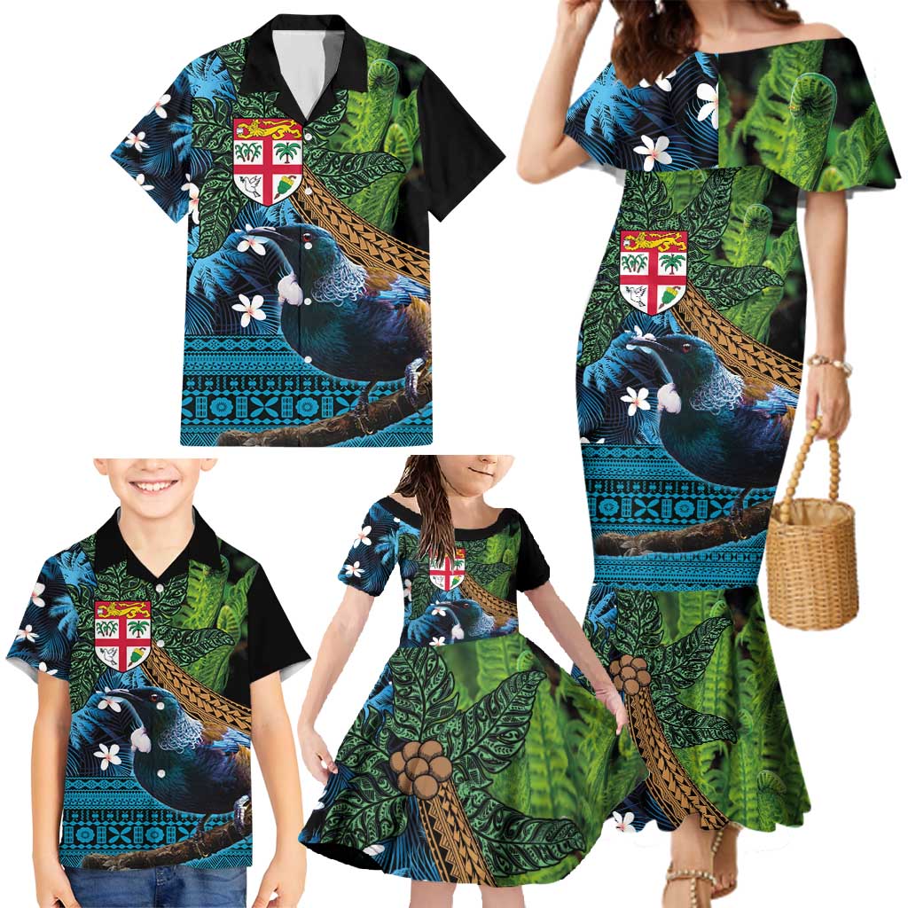 Fiji and New Zealand Tui Bird Family Matching Mermaid Dress and Hawaiian Shirt Koru Fern Leafs and Palm Tree With Plumeria LT03 - Polynesian Pride