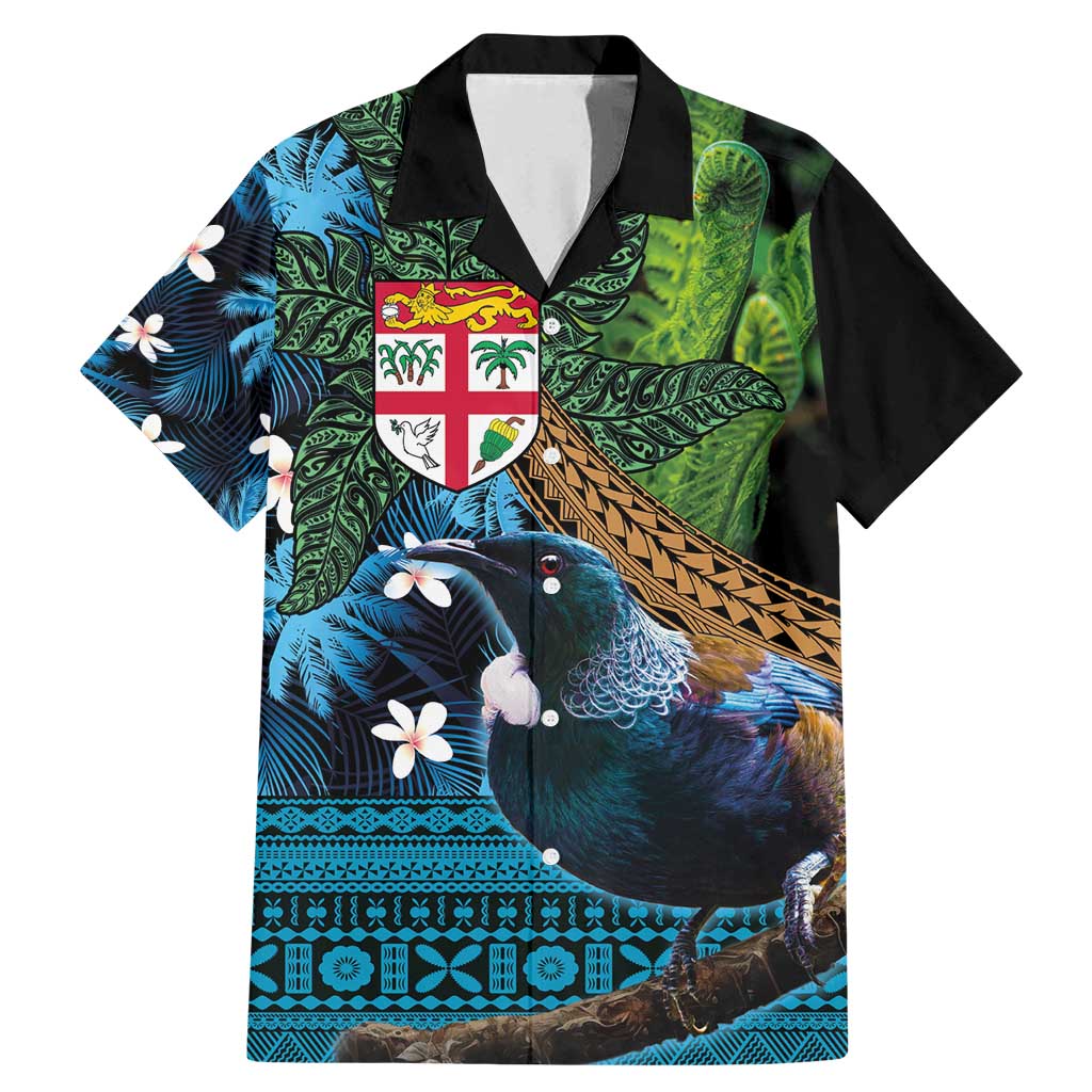 Fiji and New Zealand Tui Bird Family Matching Mermaid Dress and Hawaiian Shirt Koru Fern Leafs and Palm Tree With Plumeria LT03 Dad's Shirt - Short Sleeve Blue - Polynesian Pride