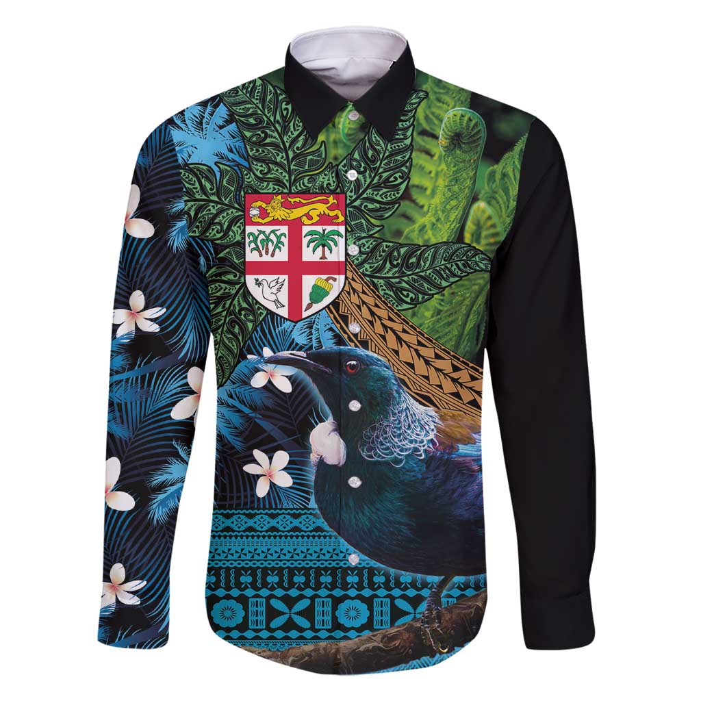 Fiji and New Zealand Tui Bird Family Matching Mermaid Dress and Hawaiian Shirt Koru Fern Leafs and Palm Tree With Plumeria LT03 Dad's Shirt - Long Sleeve Blue - Polynesian Pride