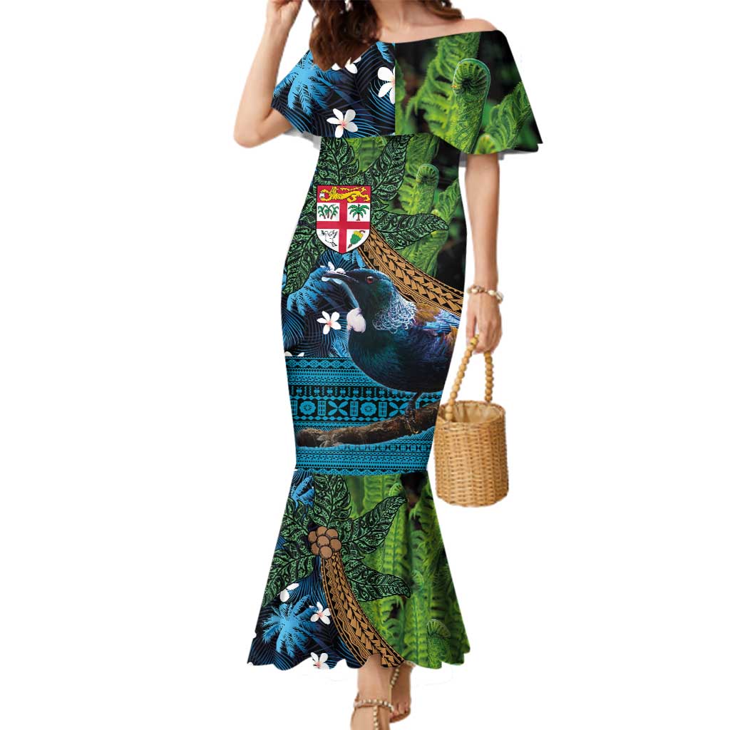 Fiji and New Zealand Tui Bird Family Matching Mermaid Dress and Hawaiian Shirt Koru Fern Leafs and Palm Tree With Plumeria LT03 Mom's Dress Blue - Polynesian Pride