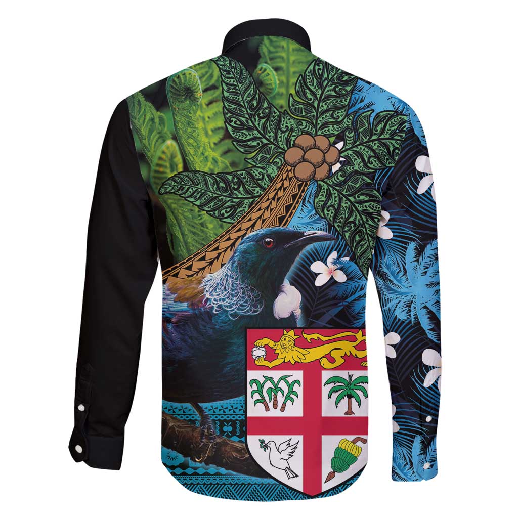 Fiji and New Zealand Tui Bird Family Matching Off Shoulder Maxi Dress and Hawaiian Shirt Koru Fern Leafs and Palm Tree With Plumeria