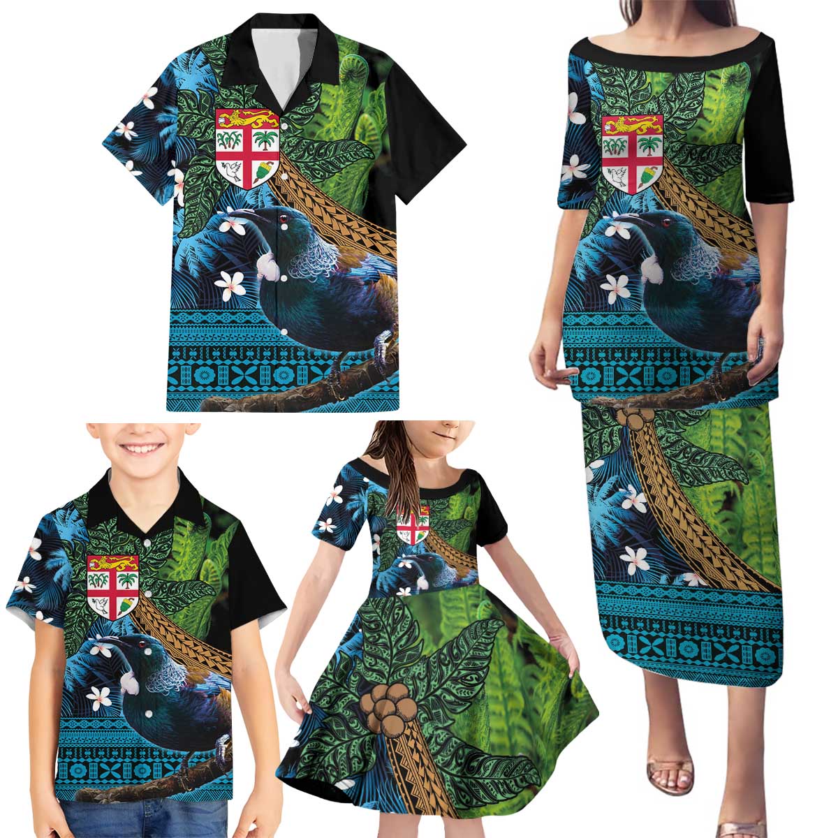 Fiji and New Zealand Tui Bird Family Matching Puletasi and Hawaiian Shirt Koru Fern Leafs and Palm Tree With Plumeria LT03 - Polynesian Pride