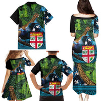 Fiji and New Zealand Tui Bird Family Matching Puletasi and Hawaiian Shirt Koru Fern Leafs and Palm Tree With Plumeria LT03 - Polynesian Pride