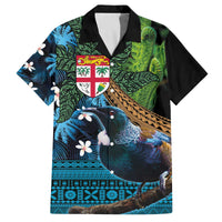 Fiji and New Zealand Tui Bird Family Matching Puletasi and Hawaiian Shirt Koru Fern Leafs and Palm Tree With Plumeria LT03 Dad's Shirt - Short Sleeve Blue - Polynesian Pride