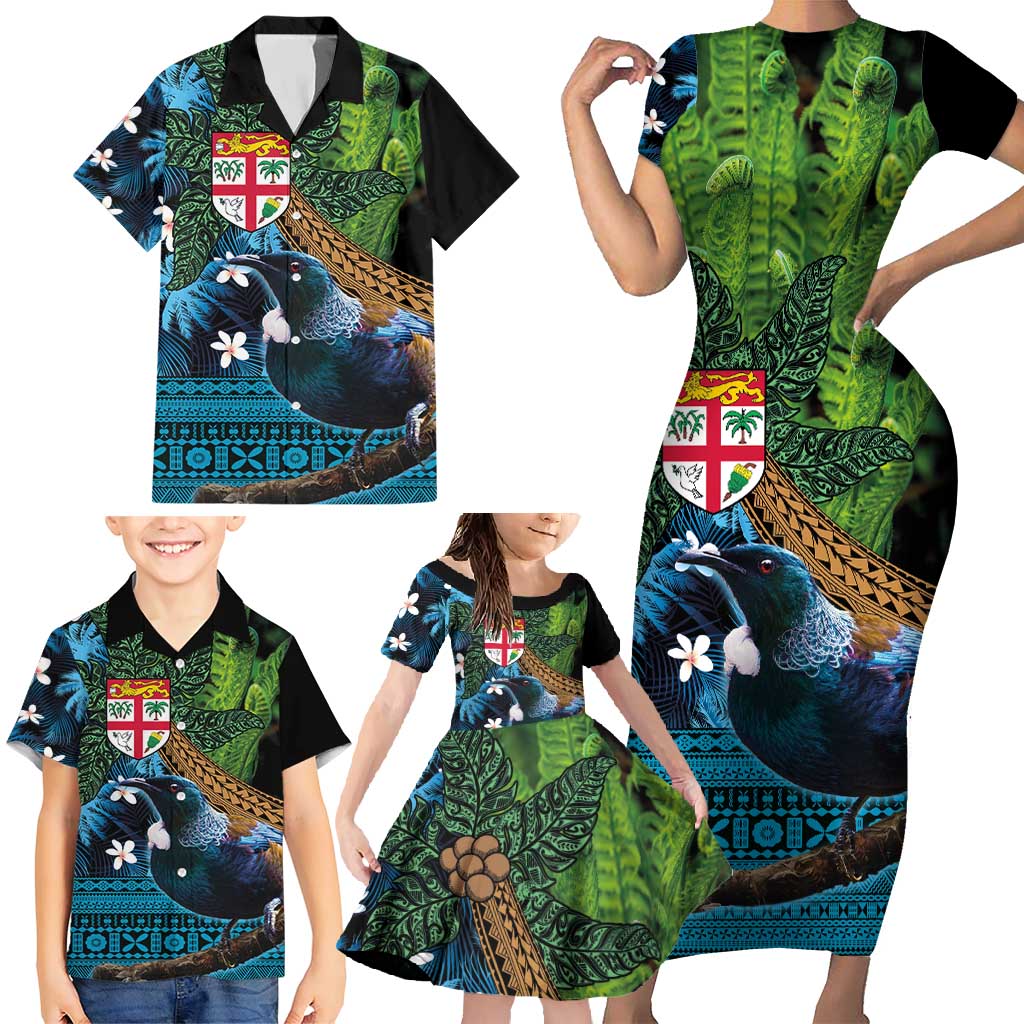 Fiji and New Zealand Tui Bird Family Matching Short Sleeve Bodycon Dress and Hawaiian Shirt Koru Fern Leafs and Palm Tree With Plumeria LT03 - Polynesian Pride