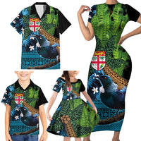 Fiji and New Zealand Tui Bird Family Matching Short Sleeve Bodycon Dress and Hawaiian Shirt Koru Fern Leafs and Palm Tree With Plumeria LT03 - Polynesian Pride