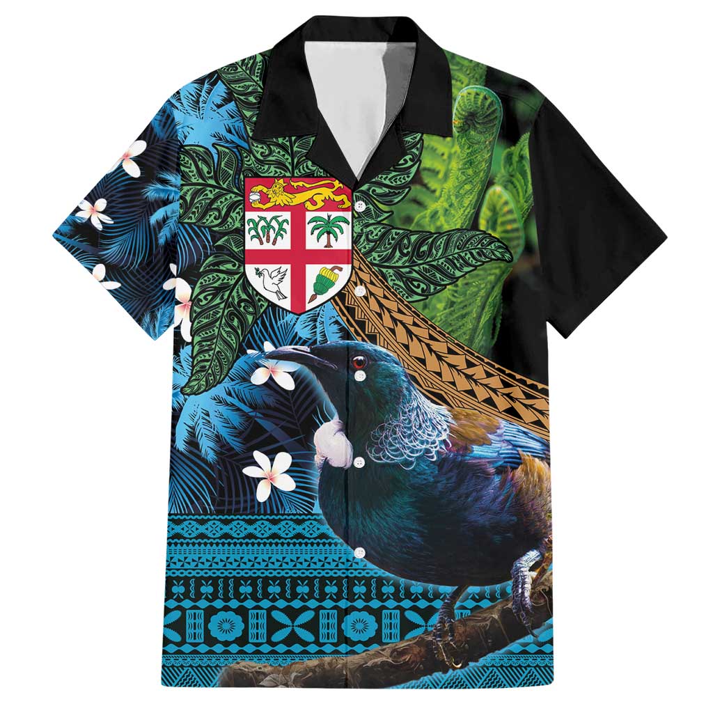 Fiji and New Zealand Tui Bird Family Matching Short Sleeve Bodycon Dress and Hawaiian Shirt Koru Fern Leafs and Palm Tree With Plumeria LT03 Dad's Shirt - Short Sleeve Blue - Polynesian Pride