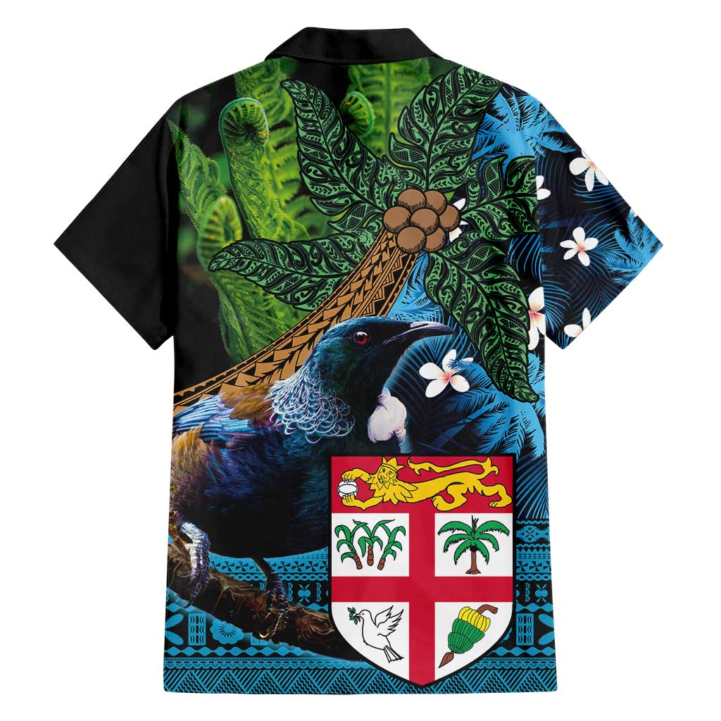 Fiji and New Zealand Tui Bird Family Matching Short Sleeve Bodycon Dress and Hawaiian Shirt Koru Fern Leafs and Palm Tree With Plumeria LT03 - Polynesian Pride