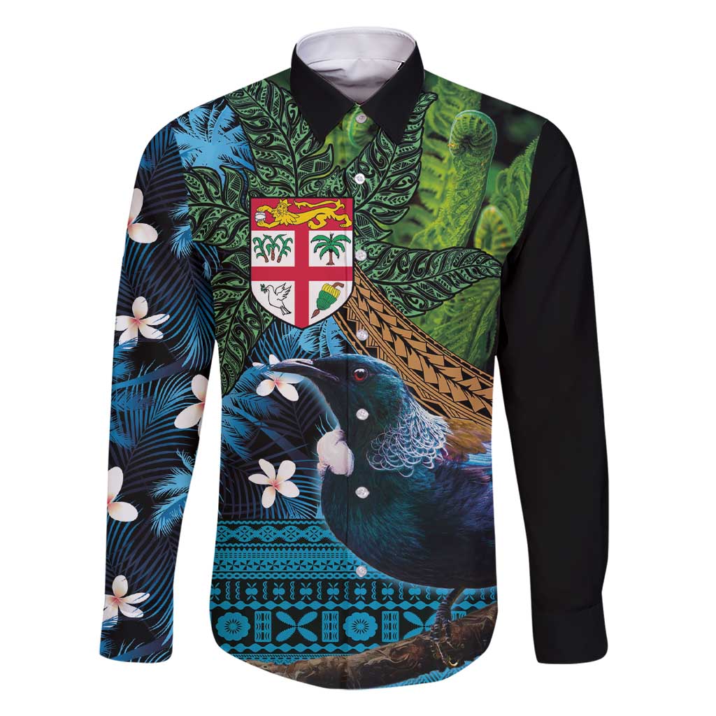 Fiji and New Zealand Tui Bird Family Matching Short Sleeve Bodycon Dress and Hawaiian Shirt Koru Fern Leafs and Palm Tree With Plumeria LT03 Dad's Shirt - Long Sleeve Blue - Polynesian Pride