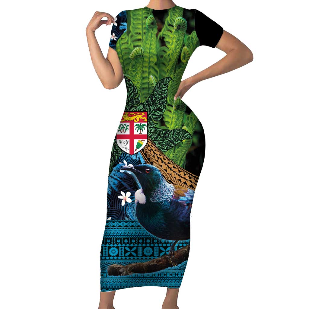 Fiji and New Zealand Tui Bird Family Matching Short Sleeve Bodycon Dress and Hawaiian Shirt Koru Fern Leafs and Palm Tree With Plumeria LT03 Mom's Dress Blue - Polynesian Pride