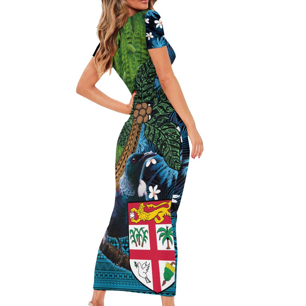 Fiji and New Zealand Tui Bird Family Matching Short Sleeve Bodycon Dress and Hawaiian Shirt Koru Fern Leafs and Palm Tree With Plumeria LT03 - Polynesian Pride