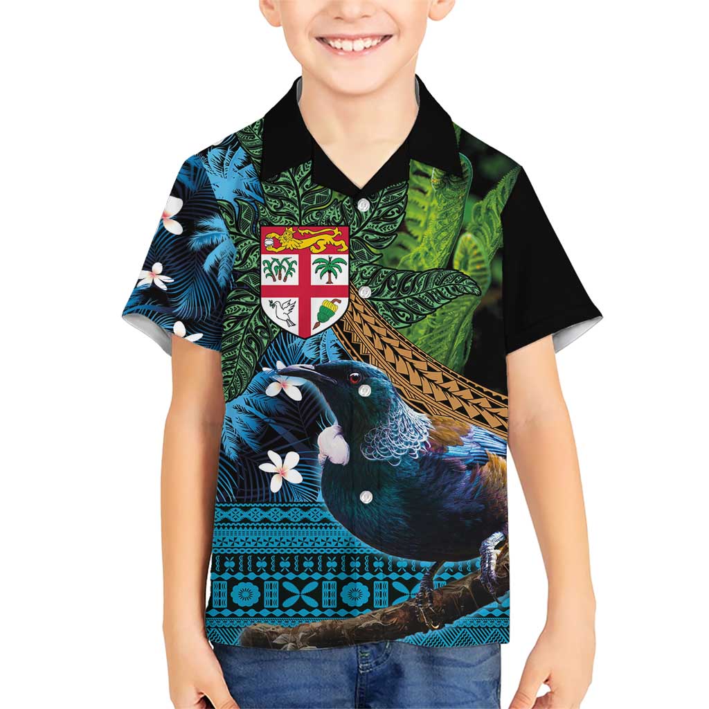 Fiji and New Zealand Tui Bird Family Matching Short Sleeve Bodycon Dress and Hawaiian Shirt Koru Fern Leafs and Palm Tree With Plumeria LT03 Son's Shirt Blue - Polynesian Pride