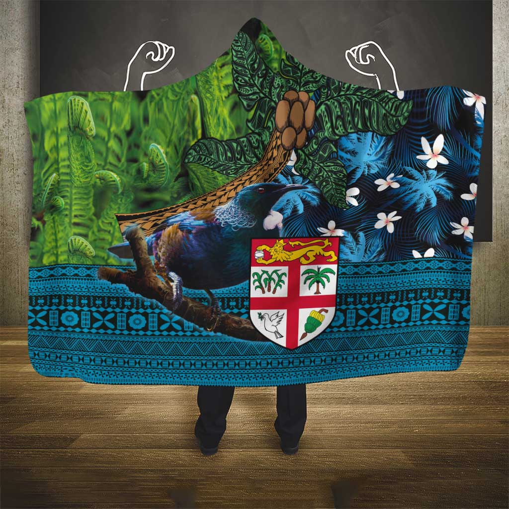 Fiji and New Zealand Tui Bird Hooded Blanket Koru Fern Leafs and Palm Tree With Plumeria LT03 - Polynesian Pride