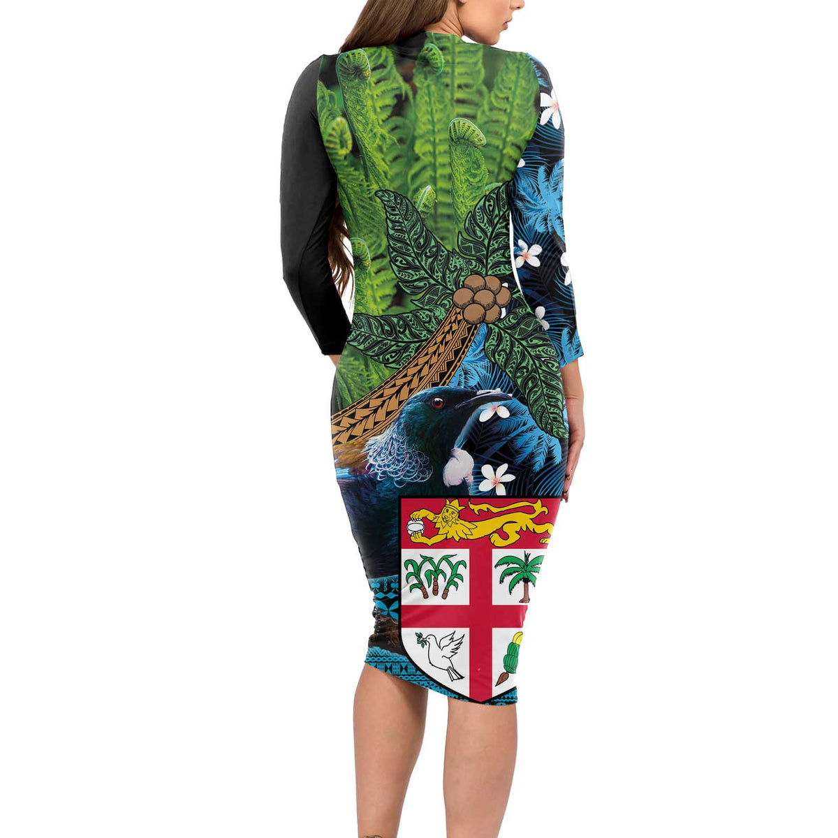 Fiji and New Zealand Tui Bird Long Sleeve Bodycon Dress Koru Fern Leafs and Palm Tree With Plumeria LT03 - Polynesian Pride