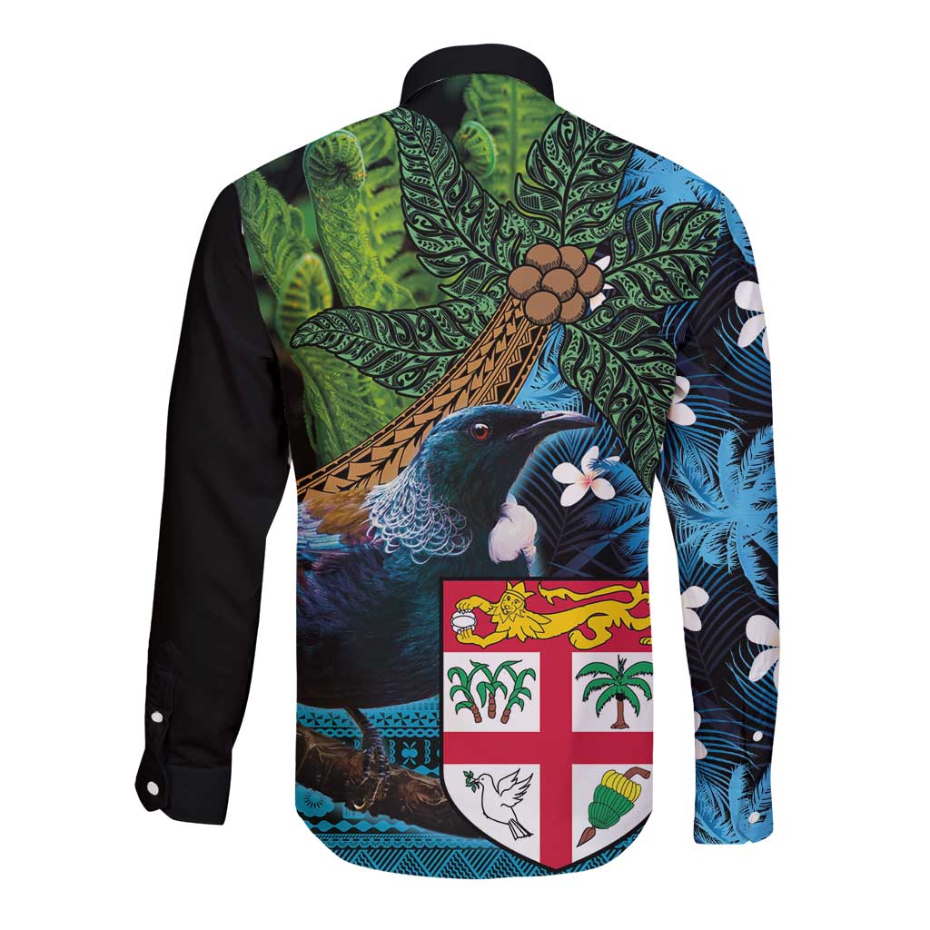 Fiji and New Zealand Tui Bird Long Sleeve Button Shirt Koru Fern Leafs and Palm Tree With Plumeria LT03 - Polynesian Pride