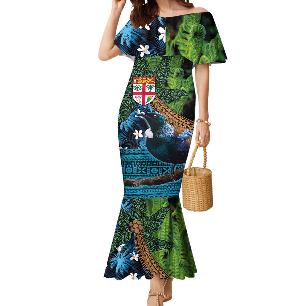 Fiji and New Zealand Tui Bird Mermaid Dress Koru Fern Leafs and Palm Tree With Plumeria LT03 Women Blue - Polynesian Pride