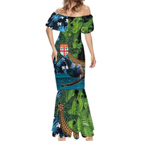 Fiji and New Zealand Tui Bird Mermaid Dress Koru Fern Leafs and Palm Tree With Plumeria LT03 - Polynesian Pride