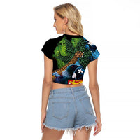 Fiji and New Zealand Tui Bird Raglan Cropped T Shirt Koru Fern Leafs and Palm Tree With Plumeria LT03 - Polynesian Pride