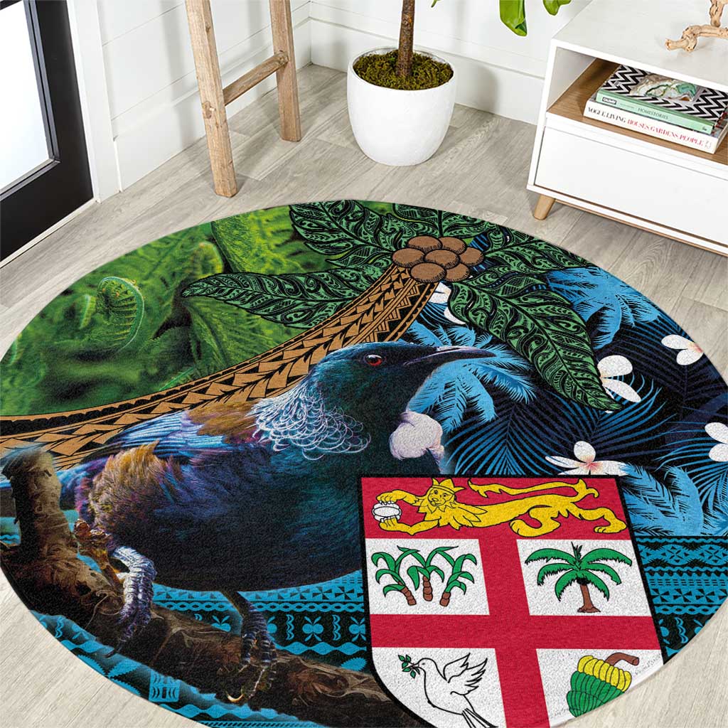 Fiji and New Zealand Tui Bird Round Carpet Koru Fern Leafs and Palm Tree With Plumeria