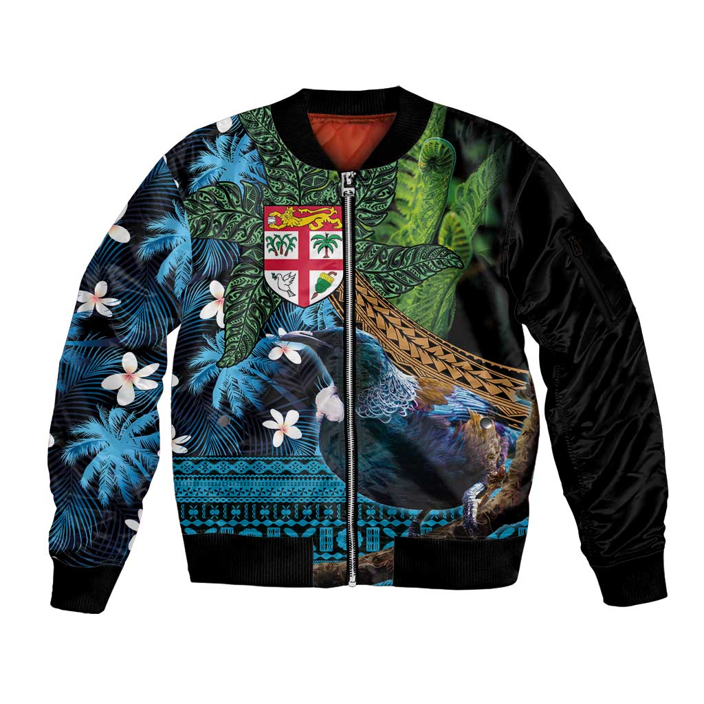 Fiji and New Zealand Tui Bird Sleeve Zip Bomber Jacket Koru Fern Leafs and Palm Tree With Plumeria