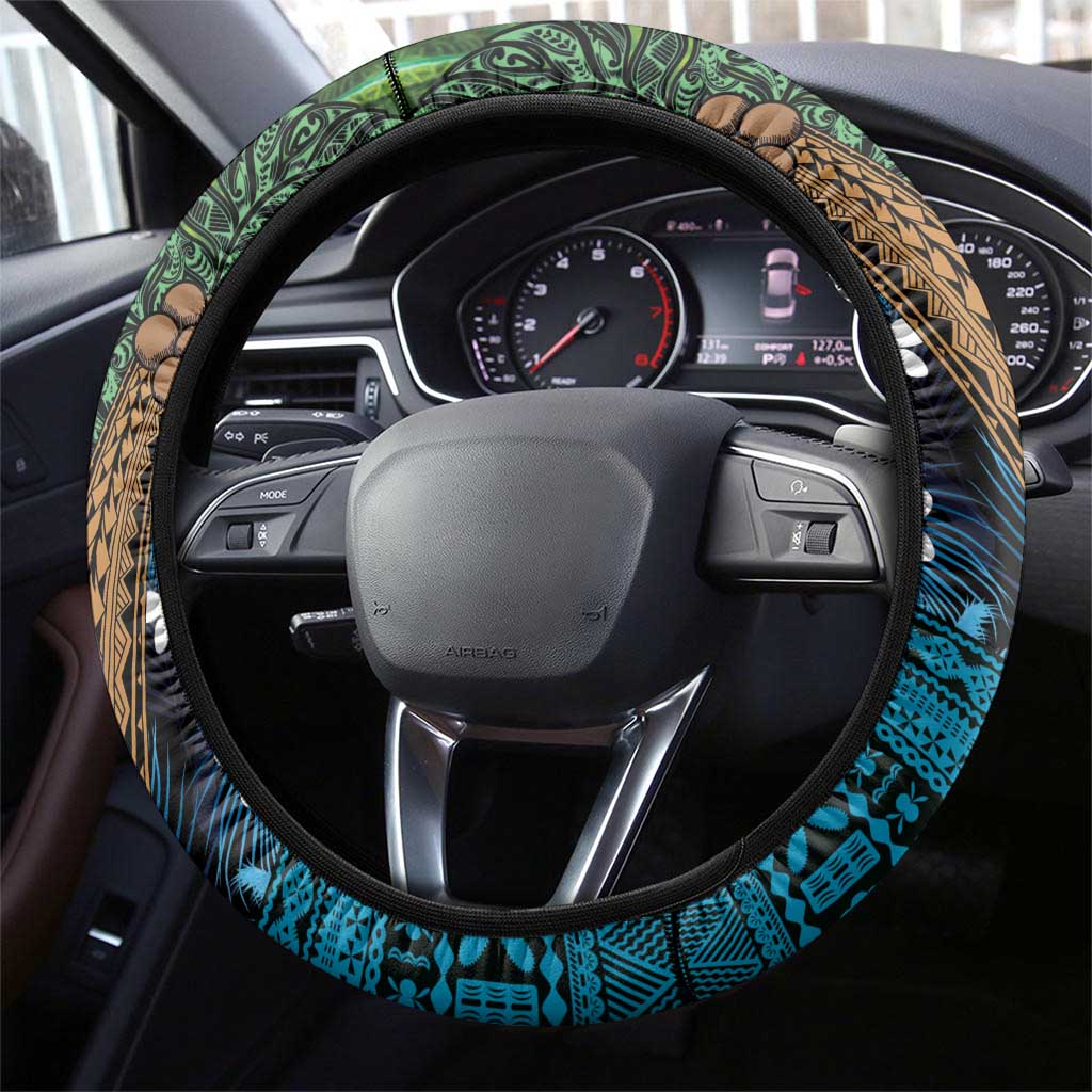Fiji and New Zealand Tui Bird Steering Wheel Cover Koru Fern Leafs and Palm Tree With Plumeria