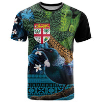 Fiji and New Zealand Tui Bird T Shirt Koru Fern Leafs and Palm Tree With Plumeria LT03 Blue - Polynesian Pride