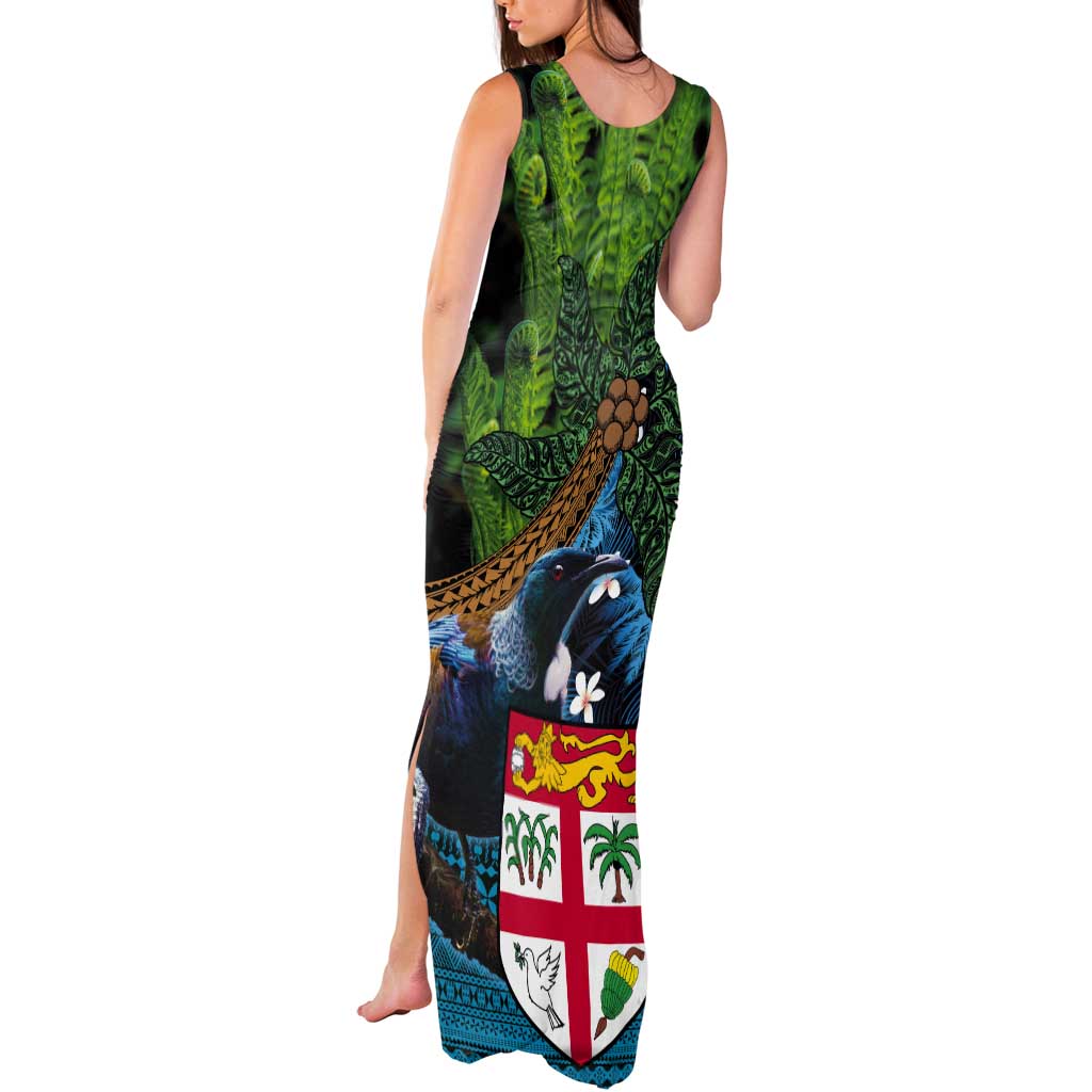 Fiji and New Zealand Tui Bird Tank Maxi Dress Koru Fern Leafs and Palm Tree With Plumeria