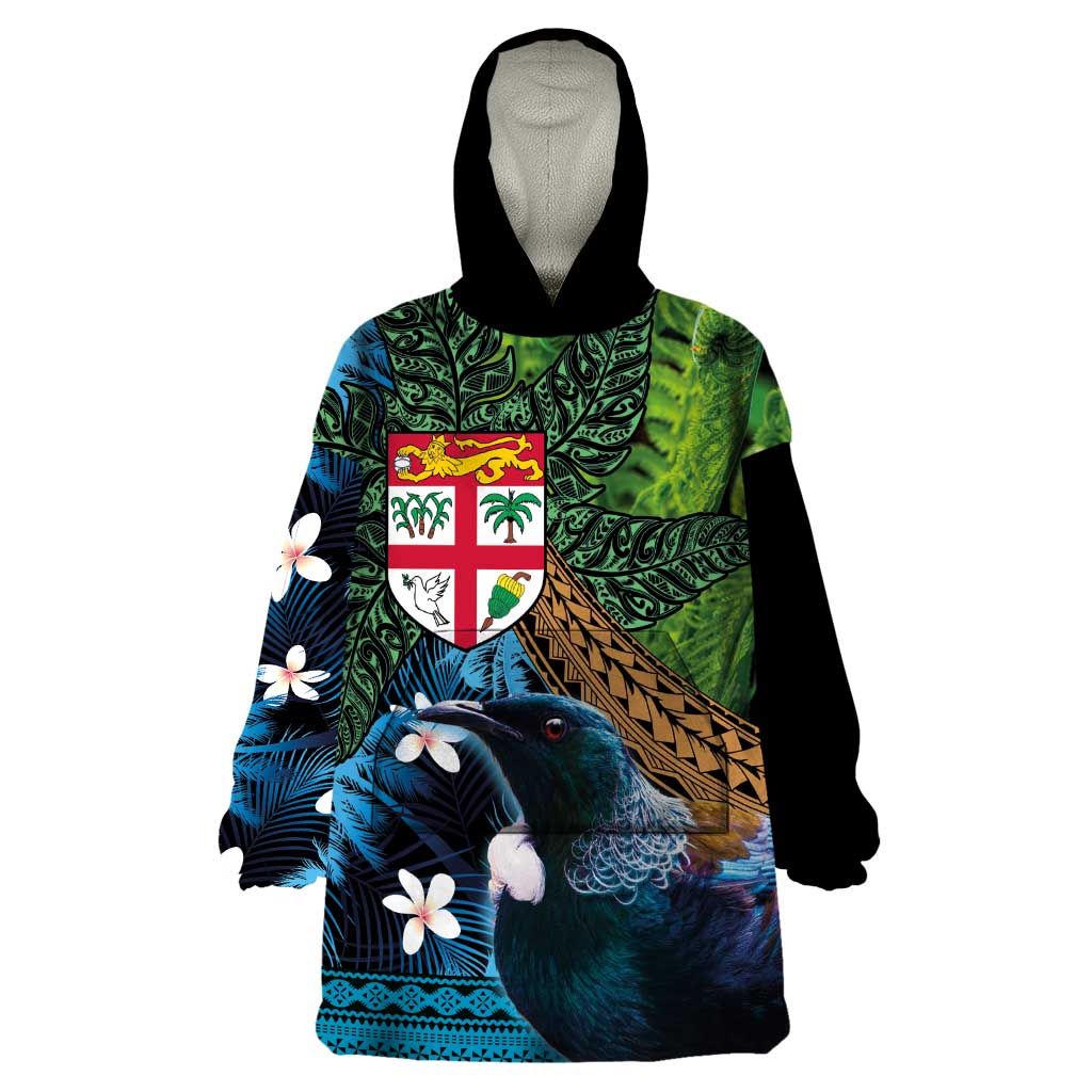 Fiji and New Zealand Tui Bird Wearable Blanket Hoodie Koru Fern Leafs and Palm Tree With Plumeria