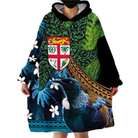Fiji and New Zealand Tui Bird Wearable Blanket Hoodie Koru Fern Leafs and Palm Tree With Plumeria