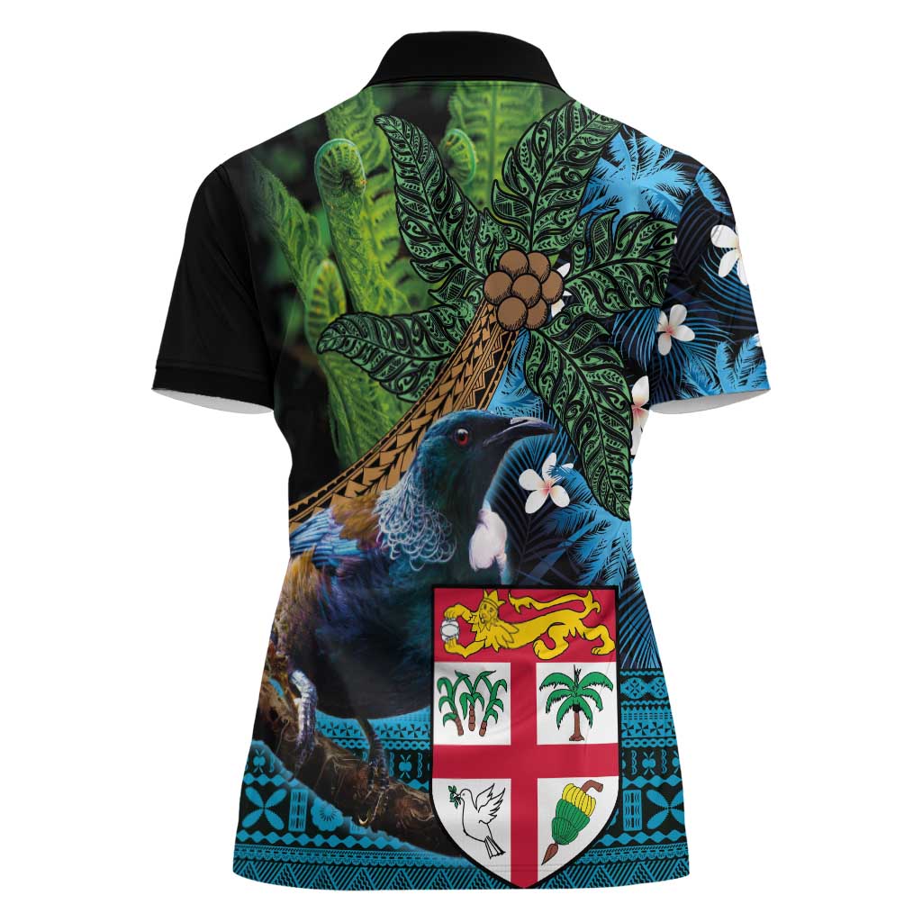 Fiji and New Zealand Tui Bird Women Polo Shirt Koru Fern Leafs and Palm Tree With Plumeria