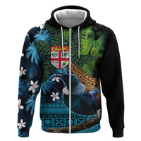 Fiji and New Zealand Tui Bird Zip Hoodie Koru Fern Leafs and Palm Tree With Plumeria LT03 Zip Hoodie Blue - Polynesian Pride